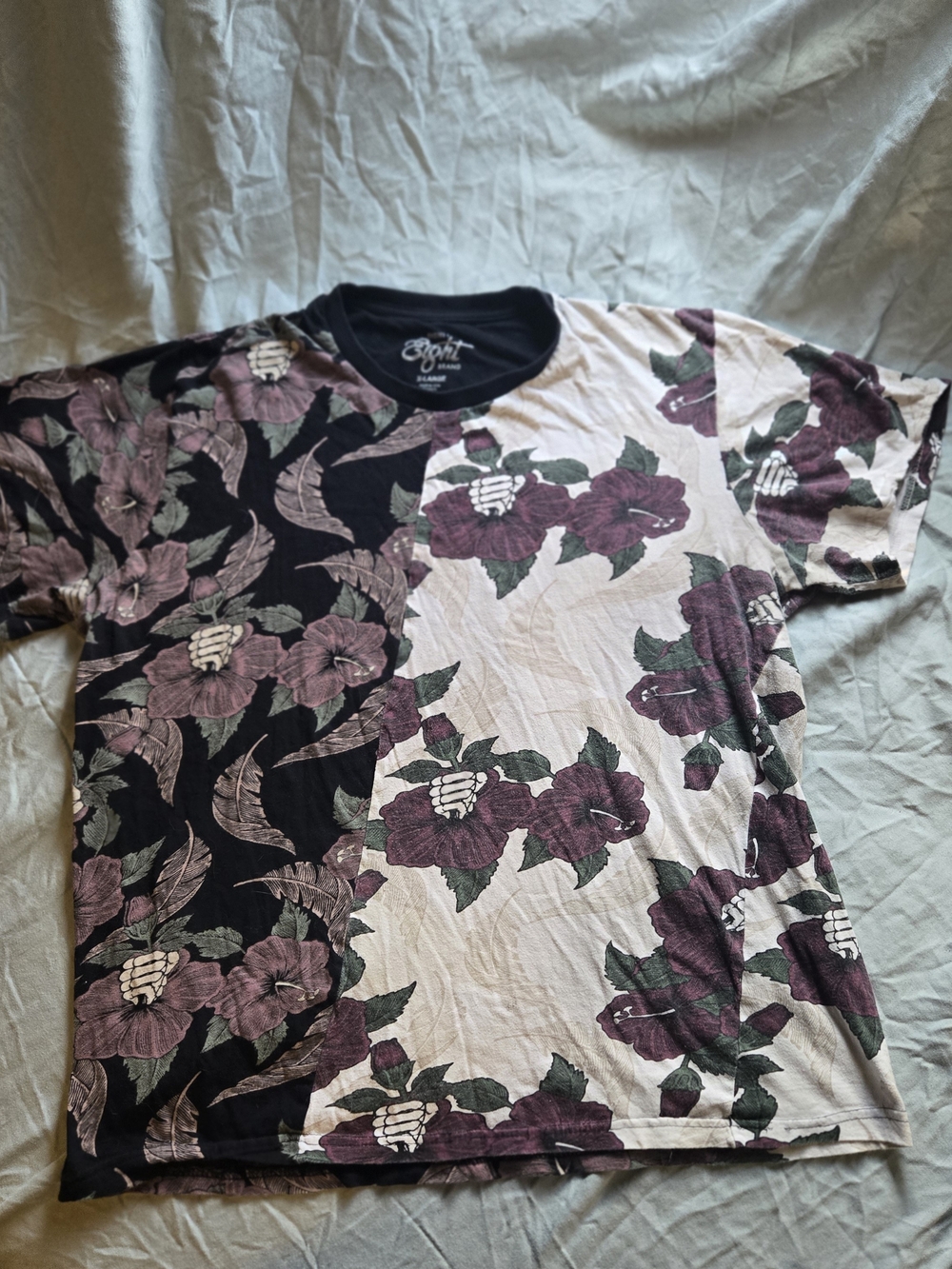 Eighty Eight Split Floral Crewneck Tee in Black and Cream with Plum Blooms